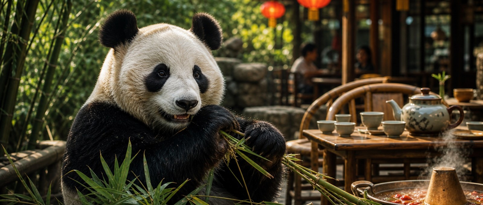 Panda and teahouse scene in Chengdu