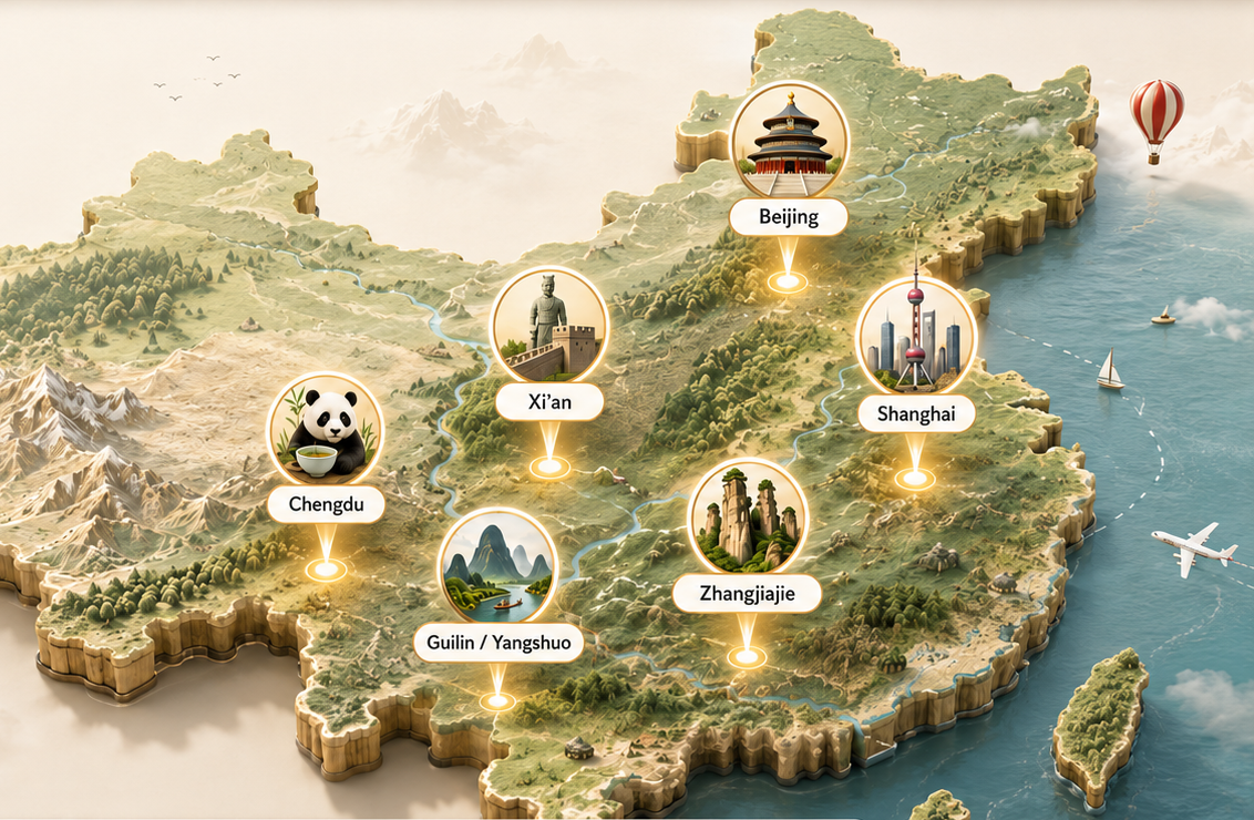 3D isometric China travel map with Beijing, Shanghai, Xi'an, Chengdu, Guilin / Yangshuo, Zhangjiajie, Taiwan, and Hainan.